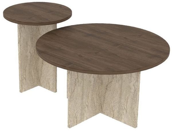 Modern Coffee Table Set (2 Pieces), Walnut & Travertine, Big: 70 x 40 x 70 cm, Small: 40 x 47 x 40 cm | 100% Melamine Coated Chipboard | Stylish & Functional Design