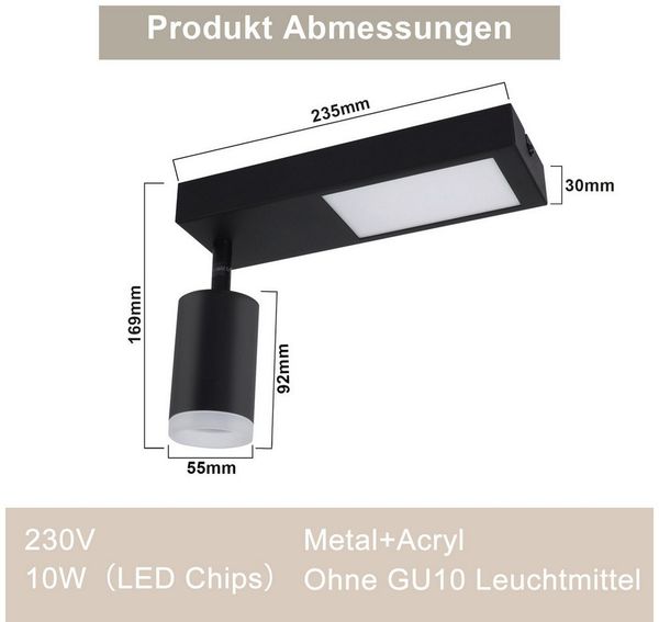 ZMH Deckenstrahler 1 Flammig 10W Schwarz/Weiß GU10 Deckenleuchte 3000K Schlafzimmer, Einfache Installation, LED fest integriert, ohne Leuchtmittel, Warmweiß