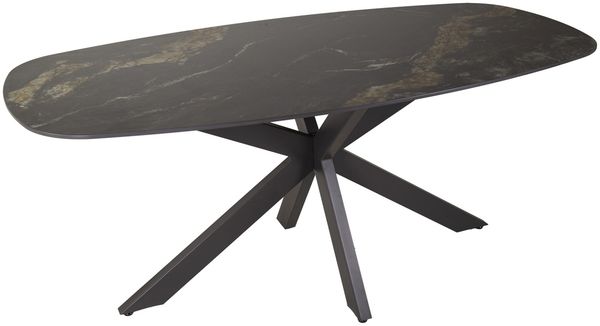 Esstisch Oval Keramik, modernes Naturstein-Design, dunkelgrau-gold marmoriert, 180 x 90 cm