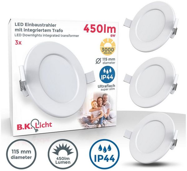 B.K.Licht LED Einbaustrahler Bad Einbauleuchten 9er Set Ultra-flach Ø115x30mm 230V Weiß - BKL1274, LED fest integriert, Warmweiß, 9 Badezimmer-Einbausprots Decke IP44 230V 6W 450 Lumen 3000K Warmweiß