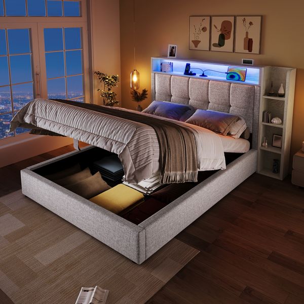 Polsterbett , 90x200 cm, Mit USB Typ-C Ladefunktion,Ohne Matratze, Multifunktionale Aufbewahrung, LED-Beleuchtung, Drucktaste/Appdienung,Leinen, Beige