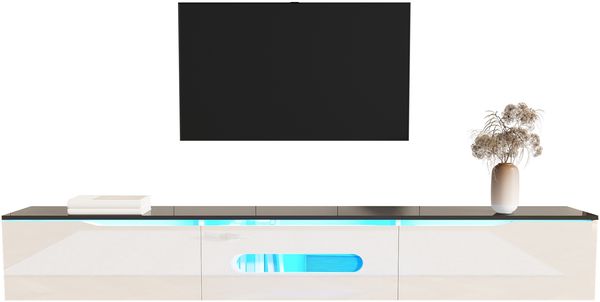 Schwarz-weißer TV-Schrank, 180 cm lang, Hochglanzoberfläche, mit 16-farbiger LED-Beleuchtung, wandmontierbar