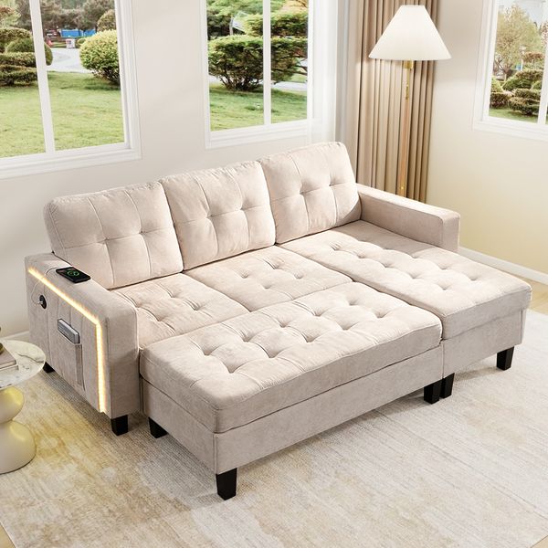 3-Sitzer Wohnlandschaft H 85 x T 185 x B 135 cm aus Chenille in Beige mit Schlaffunktion, Liegefläche 156 x 115 cm