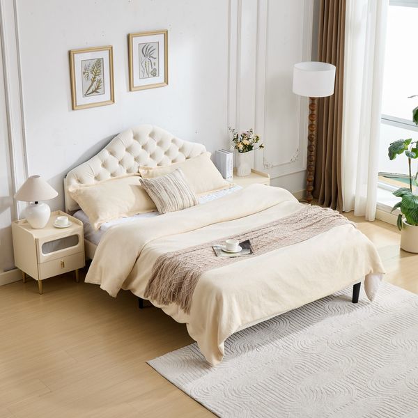 Full Size Upholstered Platform Bed Frame with Adjustable Headboard, Velvet Single Bed with Wood Slat Support, No Box Spring Needed, Easy Assembly,140x200 cm,Beige