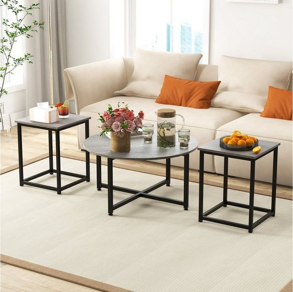 COSTWAY Satztisch, 3er Set, Couchtisch rund & quadratisch, Holz & Metallrahmen