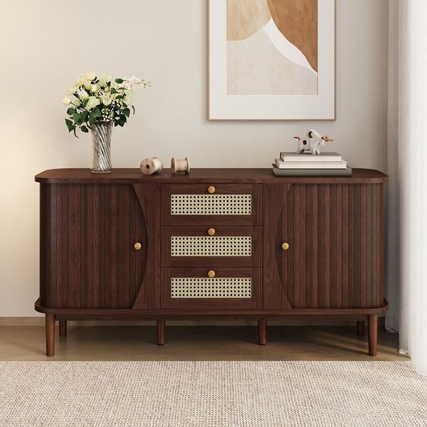 Celya Sideboard Rattanschrank mit Schubladen, Kommode mit Schiebetüren