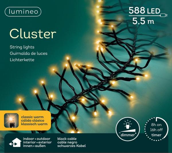 Lumineo LED-Lichterkette Lumineo Lichterkette CLUSTER 588 LED 5,5 m klassisch warm, schwarz, Indoor/Outdoor, dimmbar, 8h-Timer, + 5 m Zuleitung