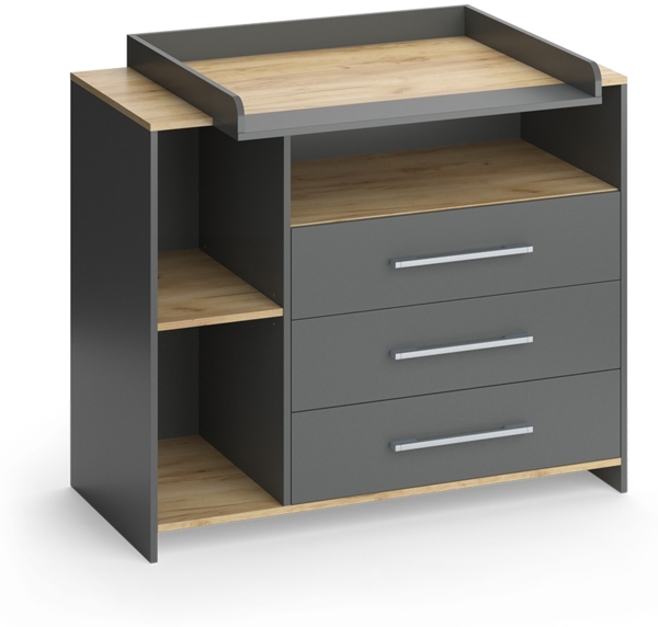 Wickelkommode Oskar Anthrazit/Goldkraft Eiche 113 x 93 cm mit 3 Schubladen Vicco