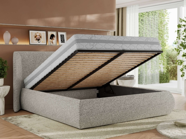 Polsterbett mit Lattenrost, Doppelbett Bettkasten, Bettgestell mit Gasdruckfeder Pocket Matratze - CAELA CLASSIC - 160 x 200 cm - Hellgrau Struktur - VIRE LUX Bild 3