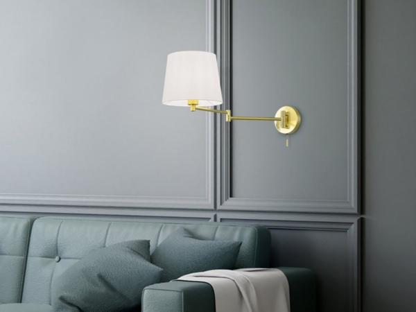 Schwenkbare LED Wandleuchte mit Stoffschirm Weiß & Gelenkarm Messing Bild 3