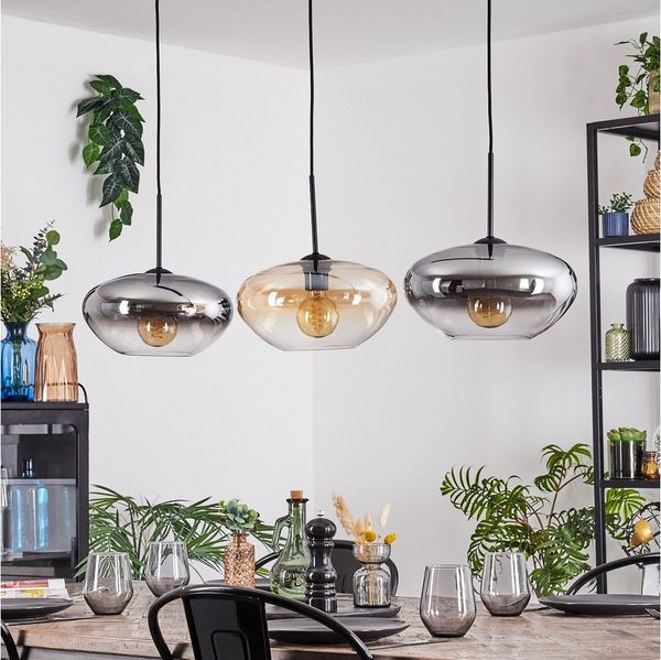 hofstein Hängeleuchte Hängelampe aus Metall/Glas in Schwarz/Rauch-/Bernsteinfarben/Klar, ohne Leuchtmittel, Pendelleuchte im Retro/Vintage-Design (Schirme 30 cm), 3 x E27