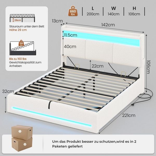 MSMASK Polsterbett mit Steckdosen und LED-Beleuchtung, Doppelbett mit Stauraum Kopfteil (1-tlg, Ohne Matratze), Hydraulik-Stauraumbett, Jugendbett 140x200cm