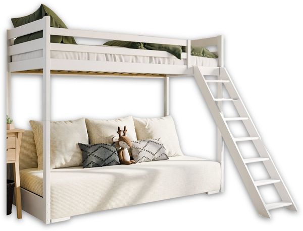 Deine Möbel 24 Etagenbett Jugendbett Couch SIDNEY 90x200/140x200 mit Schlaffunktion (Set, 3-St, Couch in Cord Samt inkl 3 großee Kissen, Weiss Kiefer Natur Grau Beige), Funktionsbett aus Kiefernholz Vollholz inkl. Leiter Lattenrost
