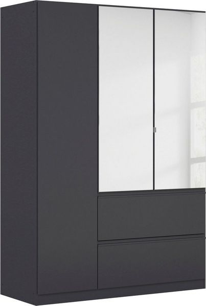 Rauch Möbel Costa, Kleiderschrank für Schlafzimmer, Kinderzimmer, Babyzimmer, Garderobe, 3-türig, Spiegel, 2 Schubladen, Push-to-Open, Zubehör Premium, Farbe Grau metallic, Schwarz, Breite 136 cm