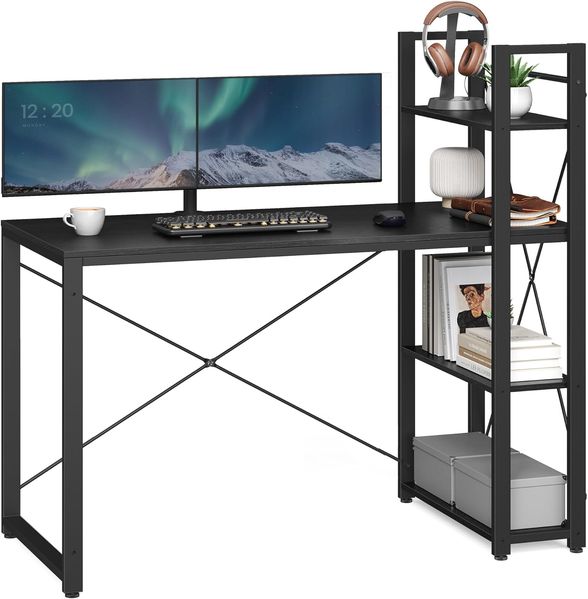 Vasagle Schreibtisch, mit Regalböden rechts oder links, Industrie-Design, schwarz, 56 x 120 x 120 cm
