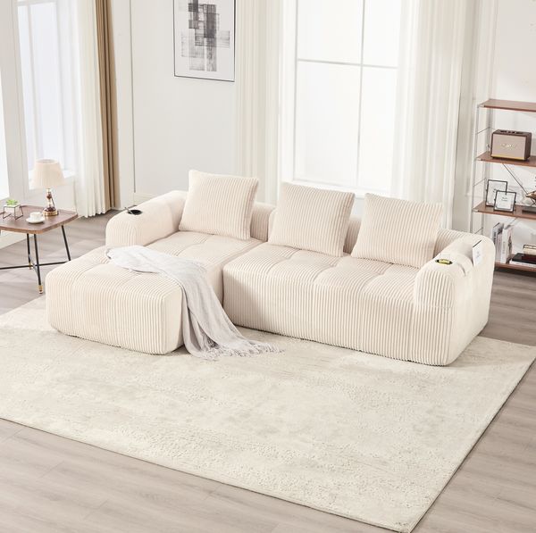 Sofa 253 x 158 x 61 cm aus Cord in Beige – modulares Kompaktsofa mit Seitenfächern, Becherhaltern und 3 Kissen