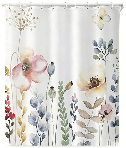 Agger Duschvorhang schimmelresistentes Textil,wasserabweisend,Blumen- und Pflanzenmotiv Breite 180 cm, für Badezimmer und Badewanne, waschbarer Polyester-Badvorhang