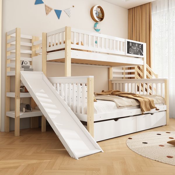 Etagenbett aus Kiefernholz mit Rutsche & Stauraum, 90x200/140x200 cm, weiß/natur, ohne Matratze