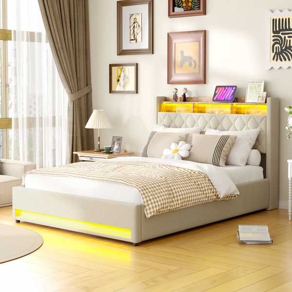Luxuriöses Polsterbett aus Samt mit Matratze & Lattenrost, 160x200 cm, Beige