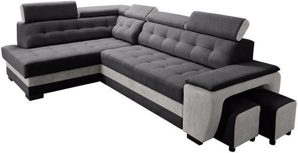 robin 'Grand' Ecksofa mit Schlaffunktion, Bettkasten & Kopfstützen, hochelastischer Schaum schwarz / silber, 277 x 180 x 86 cm