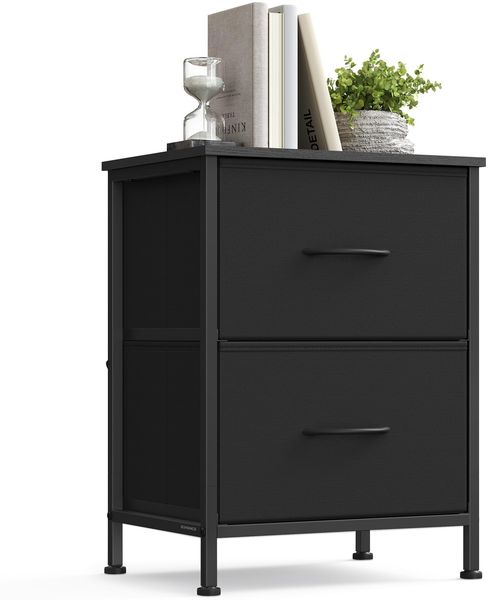 SONGMICS Nachttisch, Kommode, 2 Stoffschubladen, Aufbewahrungsschrank, Stahl, MDF, Vliesstoff, für Schlafzimmer, Flur, Wohnzimmer, tintenschwarz-ebenholzschwarz LGS312BH03