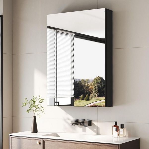 Hopibath Spiegelschrank klein Alu Badezimmerspiegelschrank Schwarz Hängeschrank Wandschrank (Eckig Rechteckig 40x60cm, Glasböden, Doppelseitiger Spiegel) mit Softclose-Scharnieren