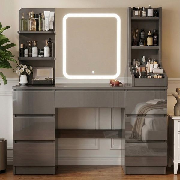 HOMALL Schminktisch Schminktisch Spiegel und LED Mit 7 Schubladen 8 Ablagefächern (GroBe: 110*40*139 cm Einstellbare drei Farbtemperaturen, um thr perfektes Make-up zu prasentieren)