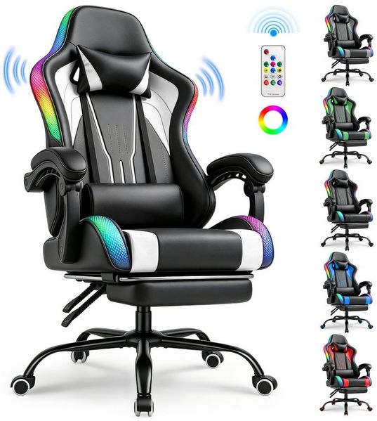 HOMALL Gaming-Stuhl mit LED,Ergonomisch,Fußstütze,computerstuhl,gaming stuhl mit massage, Ergonomischer Bürostuhl,Kopfstütze und Lendenstütze