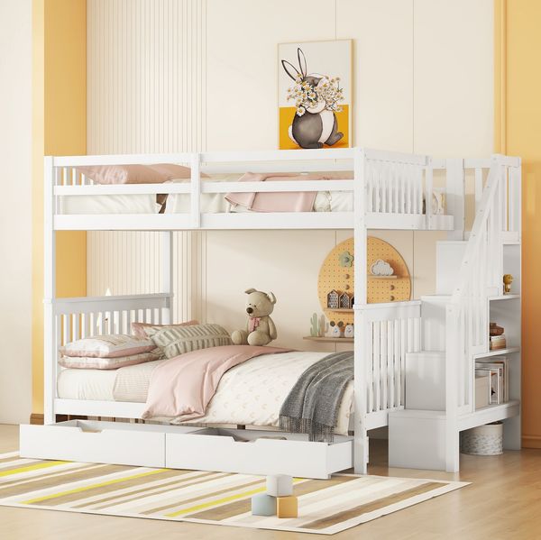 Bett 140x200 cm als Etagenbett mit Treppenregal und Stauraum – robustes Kiefernholz, weiß