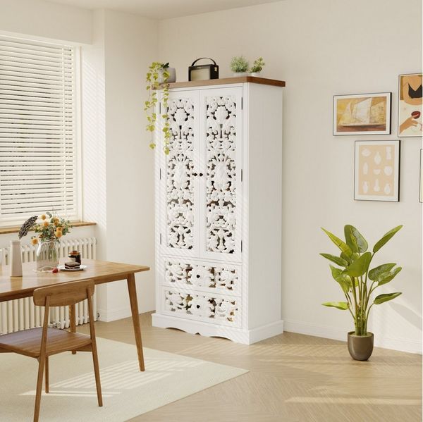 FUFU&GAGA Buffet Geschirrschrank mit geschnitzten Türen, Weiß, HDF, 84×40×168 cm