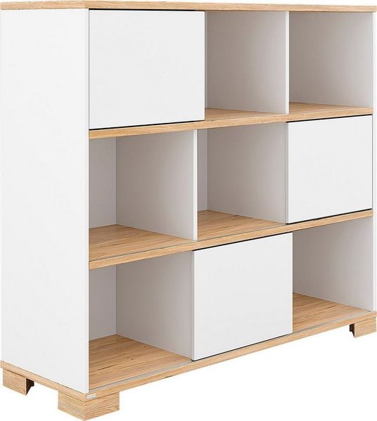 PAIDI Standregal YOLANDA in Weiß mit Eiche-Dekor, 9 Fächer mit 3 Schiebetüren, 127 cm Breite, langlebiges Regal aus Holz, Soft-Close