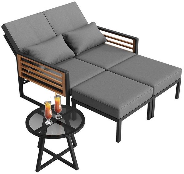 KLAM HOME Gartenlounge-Set Garten-Lounge-Set Grau, 2‑in‑1 Outdoor Daybed & Doppel-Liege, (Modulares Sofa für 2–4 Personen mit 3‑fach verstellbarer Rückenlehne), Wetterfestes Outdoor-Set mit Kissen & Glastisch für Terrasse & Garten