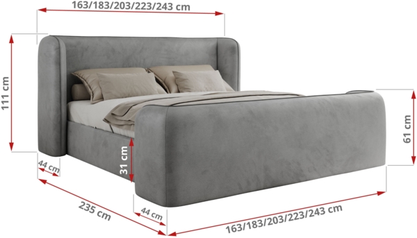 Polsterbett mit Lattenrost, Doppelbett für Schlafzimmer, Gepolstertes Kopfteil, Pocket matratze Härtegrad H3/H4 - EMORA CLASSIC DUO - 140 x 200 cm - Hellgrau Velours - VIRE - LUX Bild 4