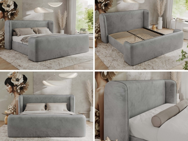 Polsterbett mit Lattenrost, Doppelbett für Schlafzimmer, Gepolstertes Kopfteil, Pocket matratze Härtegrad H3/H4 - EMORA CLASSIC DUO - 140 x 200 cm - Hellgrau Velours - VIRE - LUX Bild 2