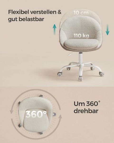 SONGMICS Homeoffice Stuhl, Drehstuhl aus Sherpa, Schreibtischstuhl, Schaumstoffpolsterung, höhenverstellbar, für Arbeitszimmer, Schlafzimmer, cappuccinobeige-wolkenweiß Bild 3