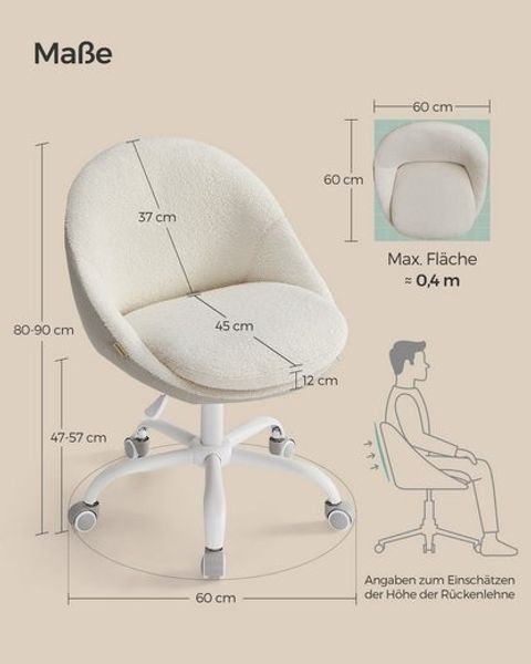 SONGMICS Homeoffice Stuhl, Drehstuhl aus Sherpa, Schreibtischstuhl, Schaumstoffpolsterung, höhenverstellbar, für Arbeitszimmer, Schlafzimmer, cappuccinobeige-wolkenweiß Bild 5