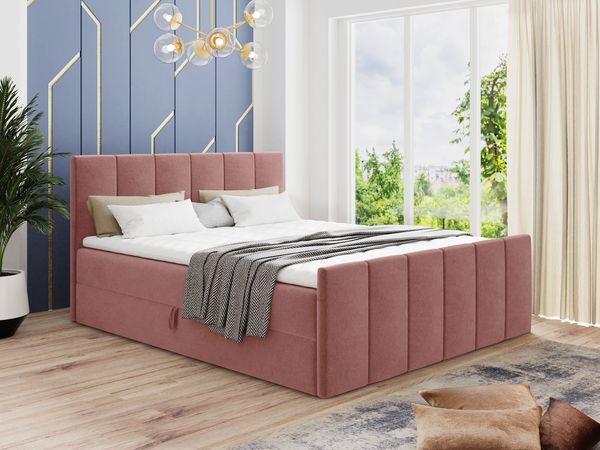Boxspringbett Star Lux mit Fußteil, 2 Bettkästen und Matratzentopper - Doppelbett mit Topper, Bonell-Matratze, Polsterbett, Bett (Pink (Kronos 29), 160 x 200 cm)