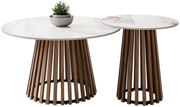Lookway Couchtisch MARISE 2er Couchtisch-Set – Hochglanz Sinterkeramik & Lamellen (2er Set), Durchmesser: ⌀80 cm und ⌀50 cm
