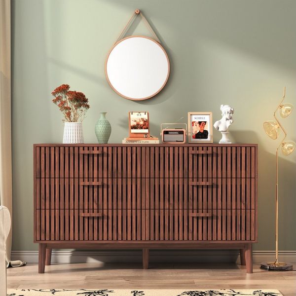 FUROKOY Sideboard Kommode Holz Küchenschrank, Buffetschrank mit 6 Schubladen,Walnussholzfarbe