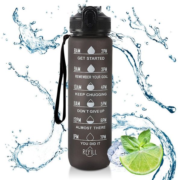 CALIYO Trinkflasche 1 Liter Sport-Wasserflasche mit Strohhalm und Zeitmarkierungen, Auslaufsichere Tritan-Trinkflasche, BPA-frei für Sportart