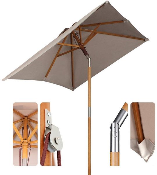 Sekey Sonnenschirm, UV Schutz 50+, Polyester / Holz taupe, 200 x 150 x 235 cm
