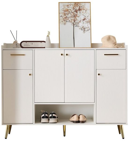 Merax Schuhschrank (H100/B130/T37 cm) Schuhregal mit 2 Schubladen und 4 Türen, Metallfüße, Sideboard