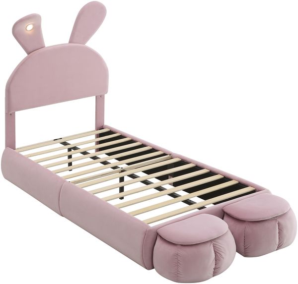 Polsterbett 90×200 cm mit LED-Hasenohren, höhenverstellbarem Kopfteil, Rosa, ohne Matratze Bild 6