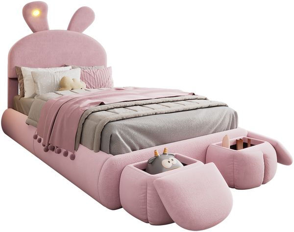 Polsterbett 90×200 cm mit LED-Hasenohren, höhenverstellbarem Kopfteil, Rosa, ohne Matratze Bild 3