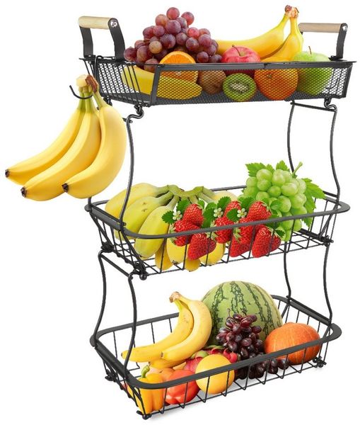 JEOBEST Obstschale Obst Etagere mit 2 Bananenaufhängern, Obst-Gemüsekorb, (1-tlg), Schüssel für Küche Metall, für Obst, 3 Stöckig