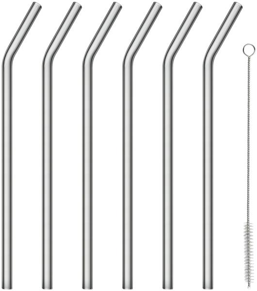 Blomus Sala Glastrinkhalme Gebogen, 6er Set, mit Reinigungsbürste, Trinkhalme, Trinkhalm, Glashalm, Smoke, 64248