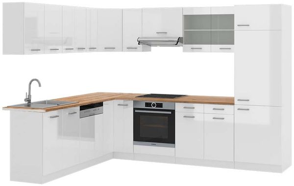 Eckküche R-Line Weiß Hochglanz/Weiß 287 x 60 cm , AP Eiche Vicco