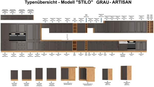 Hängeschrank 45 cm Stilo Grau + Eiche Artisan Küchenzeile Küchenblock Küche Landhaus Höhe 90 cm Bild 4