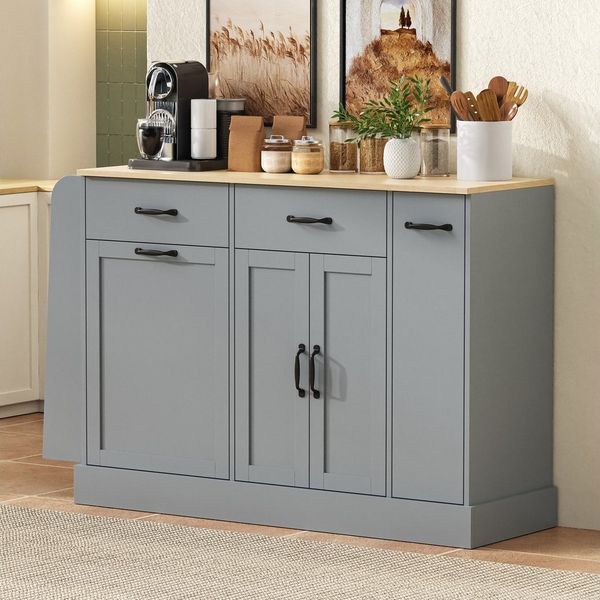 STILVORA Sideboard mit Schubladen Buffetschrank mit Abfallbehälterfach Gewürzregal grau (Aufbewahrungsschrank mit offenem Regale, aus robusten Materialien und Organisierte Facheinteilung), Einfache Montage
