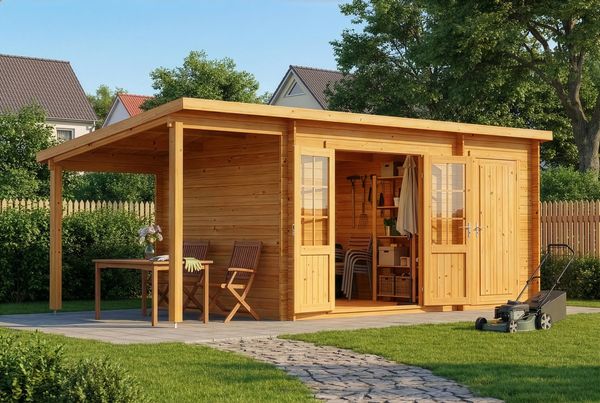 Alpholz Pultdach Gartenhaus Maria mit Anbau & Schleppdach Gartenhaus aus Holz in Pinie Holzhaus mit 28 mm Wandstärke inklusive Schleppdach Blockbohlenhaus mit Montagematerial